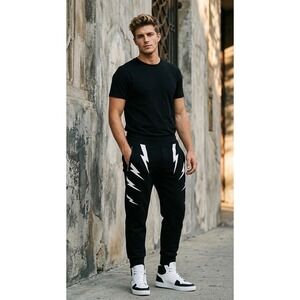 Neil Barrett Mens Fair Isle Thunderbolt Skinny Fit Joggers Black White Size L
